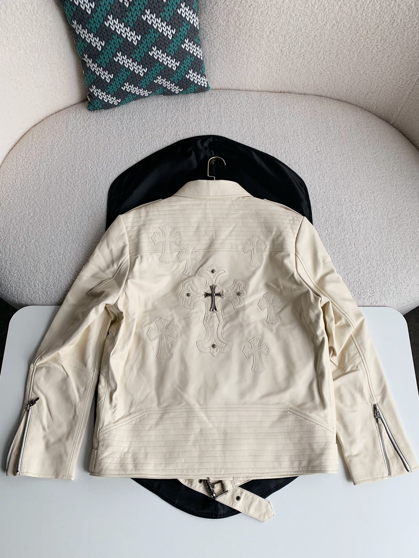 Chrome Hearts white leather biker jacket