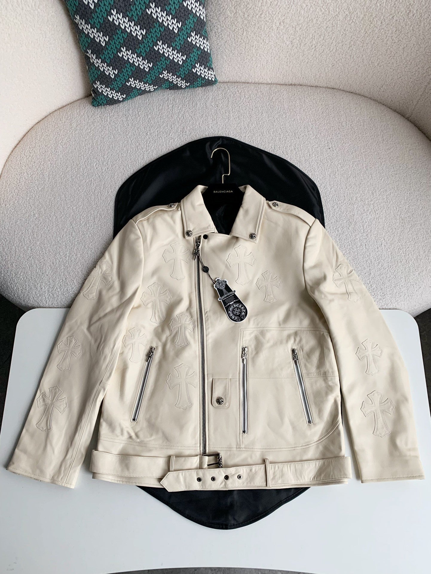Chrome Hearts white leather biker jacket